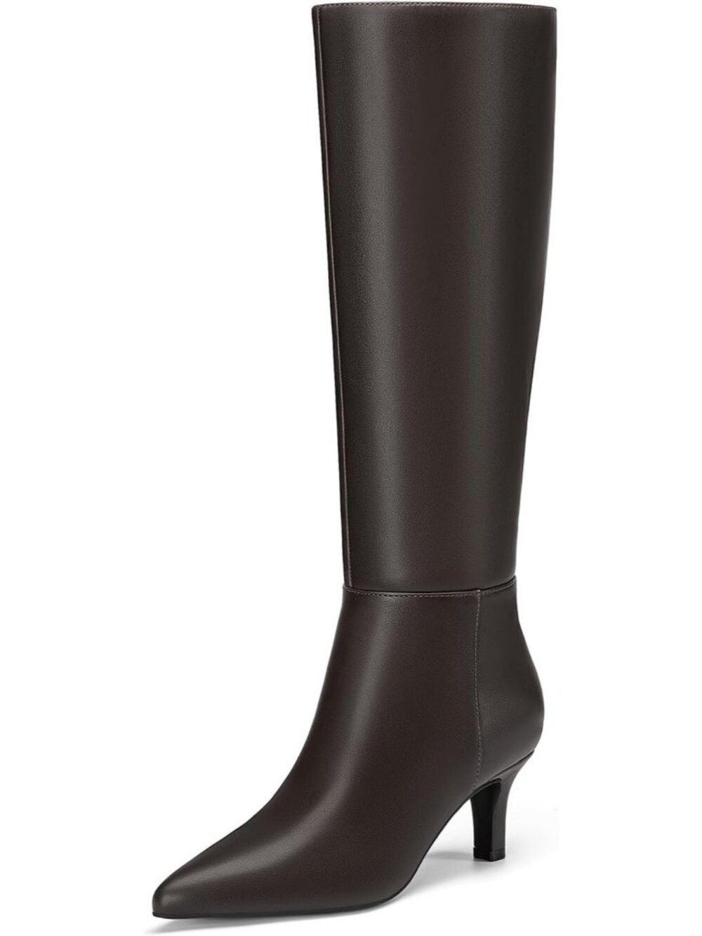 Women's Chocolate Faux Leather Side Zipper Heels Pointed Toe Knee High Boots